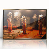 Large acrylic print of a mid-century modernist Indian landscape in gold and earth tones, ideal for modern art wall decor.