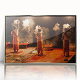 Mid-century modernist art depicting an Asian Indian scenery in muted earth tones on a framed acrylic print.