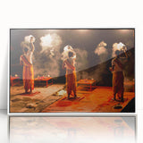 Art deco poster of an Indian landscape in muted earth tones, acrylic print framed in white.