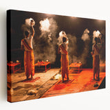 Side view of a large stretched canvas depicting a serene Indian landscape in soft earth tones, ideal for kitchen wall art.