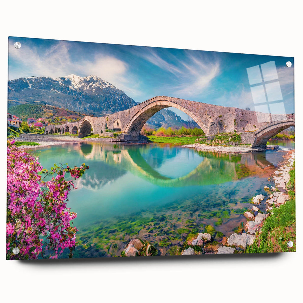Large abstract wall art depicting European scenery in muted earth tones on acrylic glass, ideal for dining room decor.