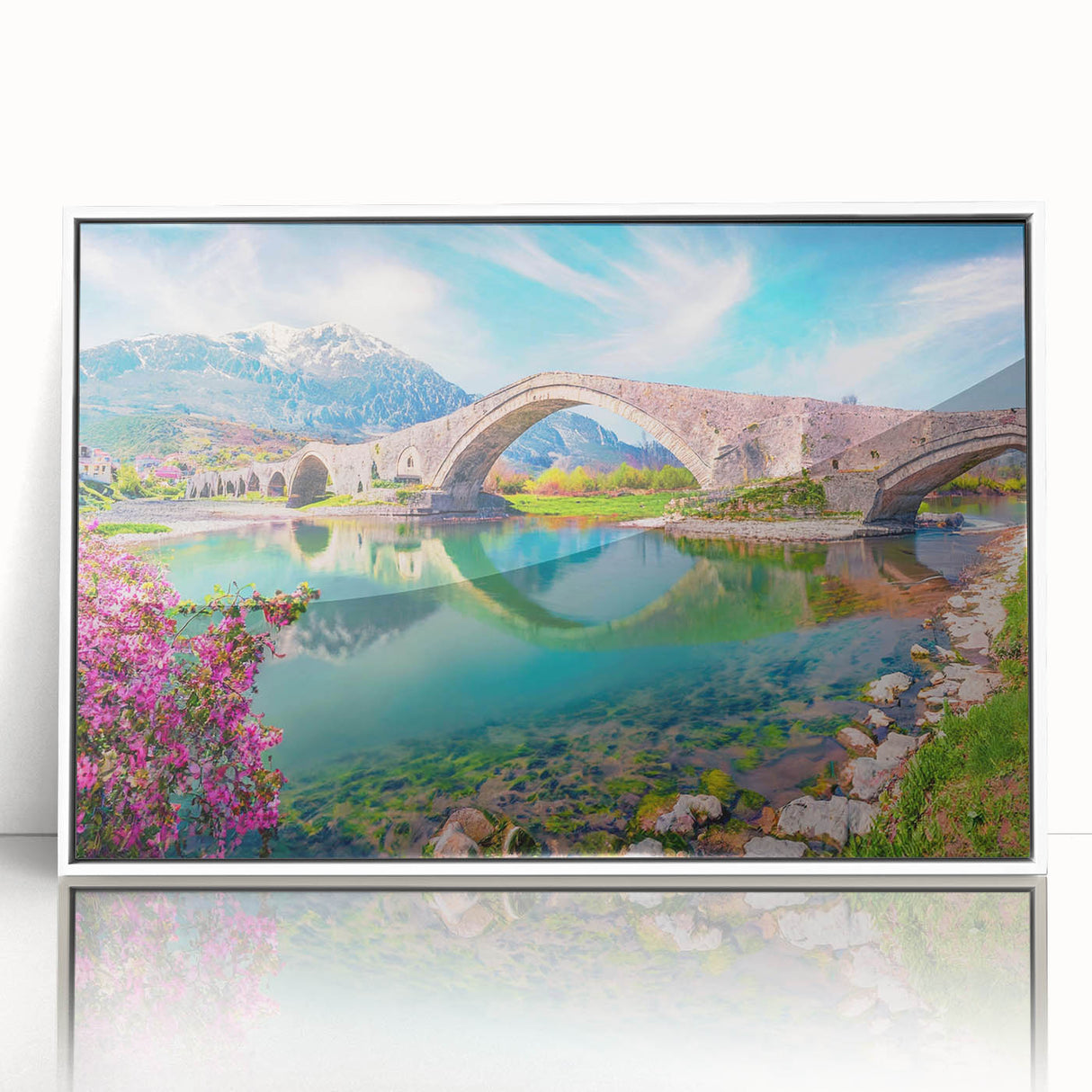 Mid-century modernist art depicting a serene European Albanian landscape in soft pastel shades on a white framed acrylic.