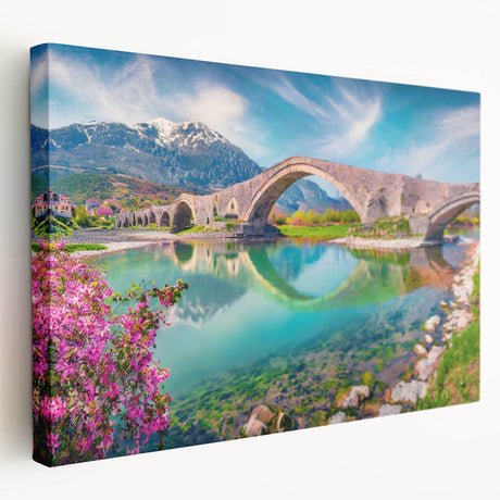Scenic Albanian landscape on large stretched canvas, featuring muted earth tones, ideal for kitchen wall art.