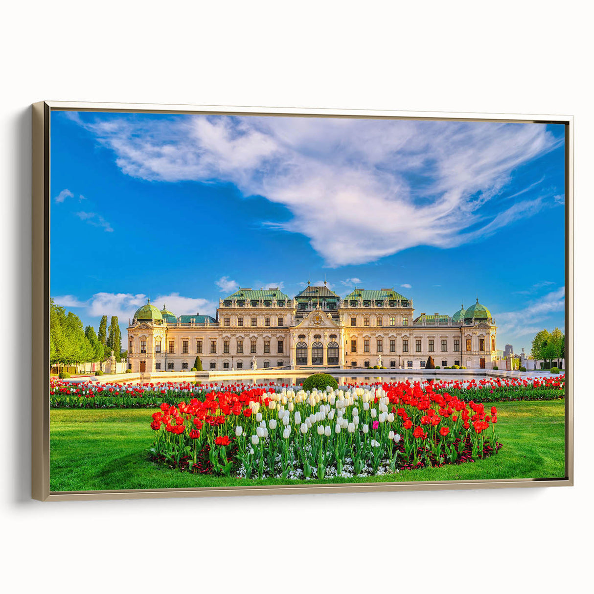 Framed canvas depicting a vintage-style landscape of an Austrian scenery in black and gold tones, ideal for bedroom wall art.