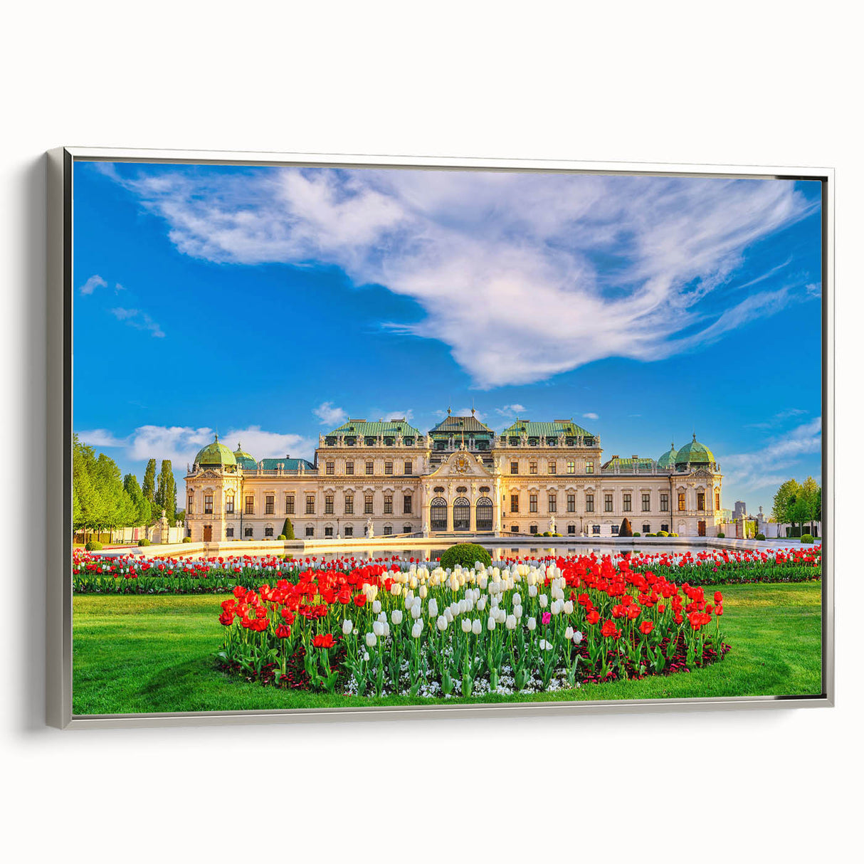 Framed canvas depicting a vintage-style landscape art painting of an Austrian scenery in vibrant colors.