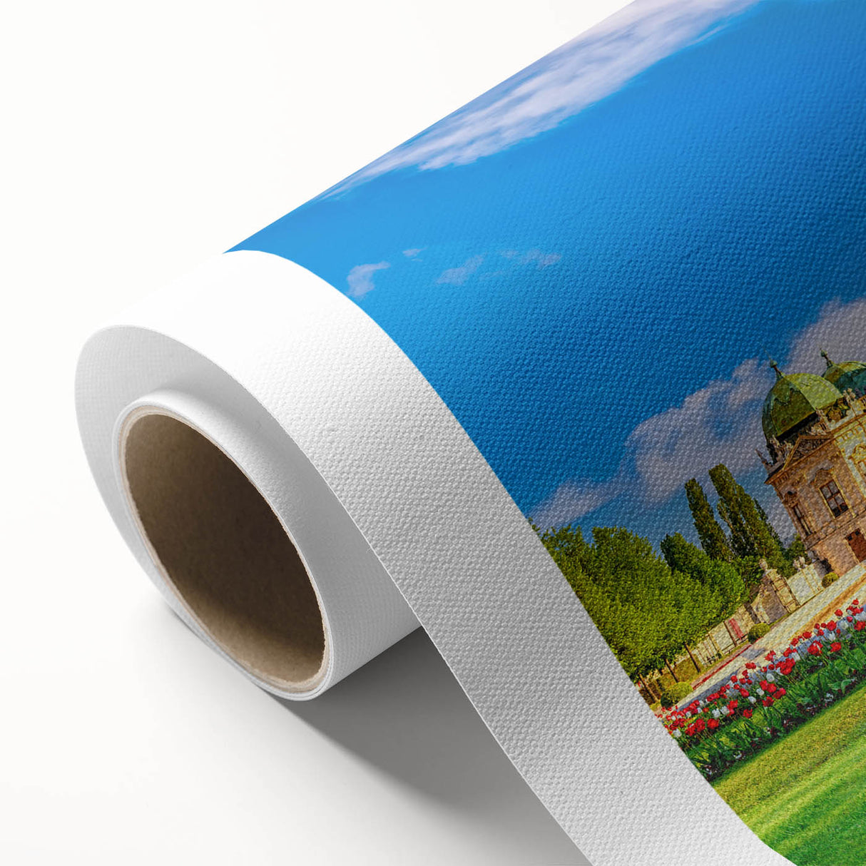 Art deco poster of a European Austrian landscape in muted earth tones on rolled canvas, ideal for nursery wall art.
