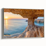 Landscape art painting of a European Cyprus scenery on framed canvas, featuring vibrant colors against a black background.