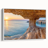 Vintage poster art of Cyprus scenery in colorful tones on a large framed canvas, ideal for living room decor.