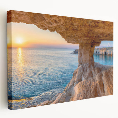 Side view of a stretched canvas depicting a European Cyprus landscape in muted earth tones, suitable for kitchen wall art.