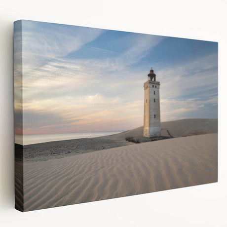 Scenic Denmark landscape on large stretched canvas with muted green and blue tones, ideal for kitchen wall art.