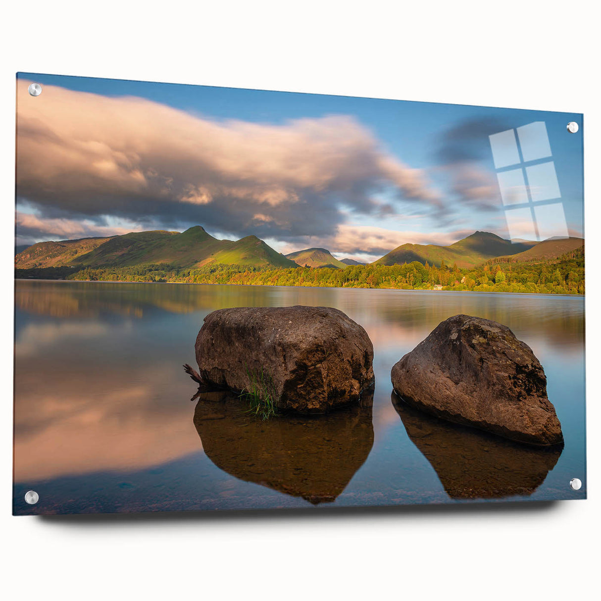 Acrylic print of a Cumbria, England landscape with muted green and blue tones, suitable for bedroom or dining room decor.