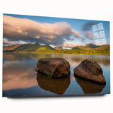 Large abstract depiction of Cumbria landscape in muted green and blue on acrylic glass, ideal for bedroom or dining room art.