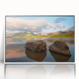 Mid-century modernist art of Cumbria, England scenery in muted green and blue tones on a framed acrylic.