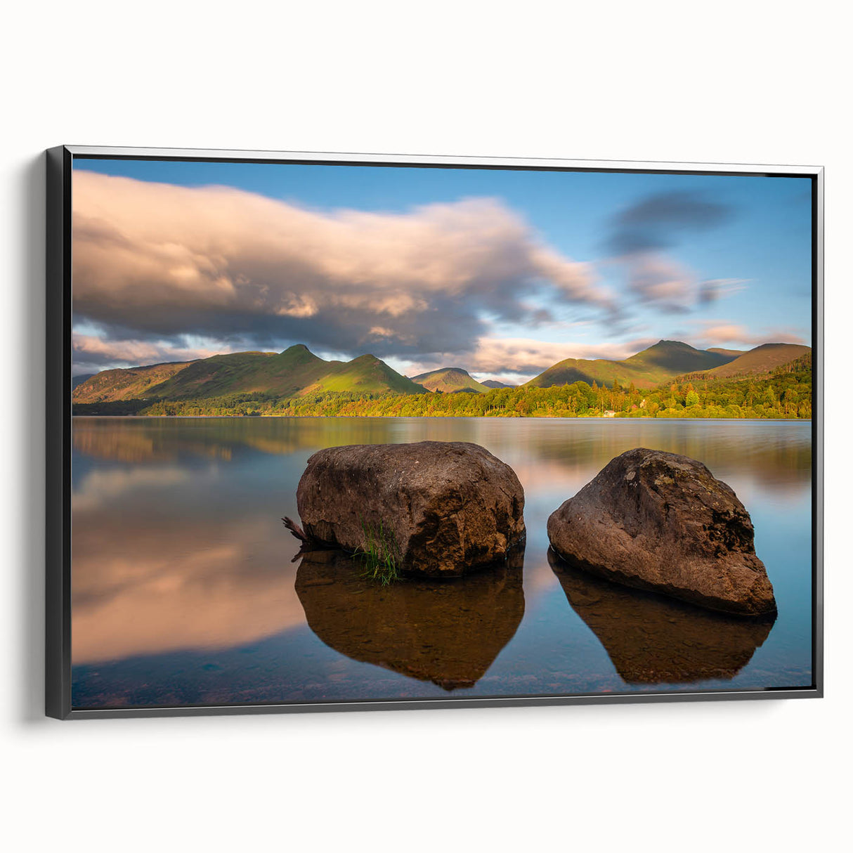 Black and white framed canvas of a vintage Cumbria landscape, ideal for bedroom wall decor.