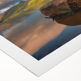 Art deco poster of Cumbria landscape in muted green and blue tones on rolled canvas, suitable for dining room decor.