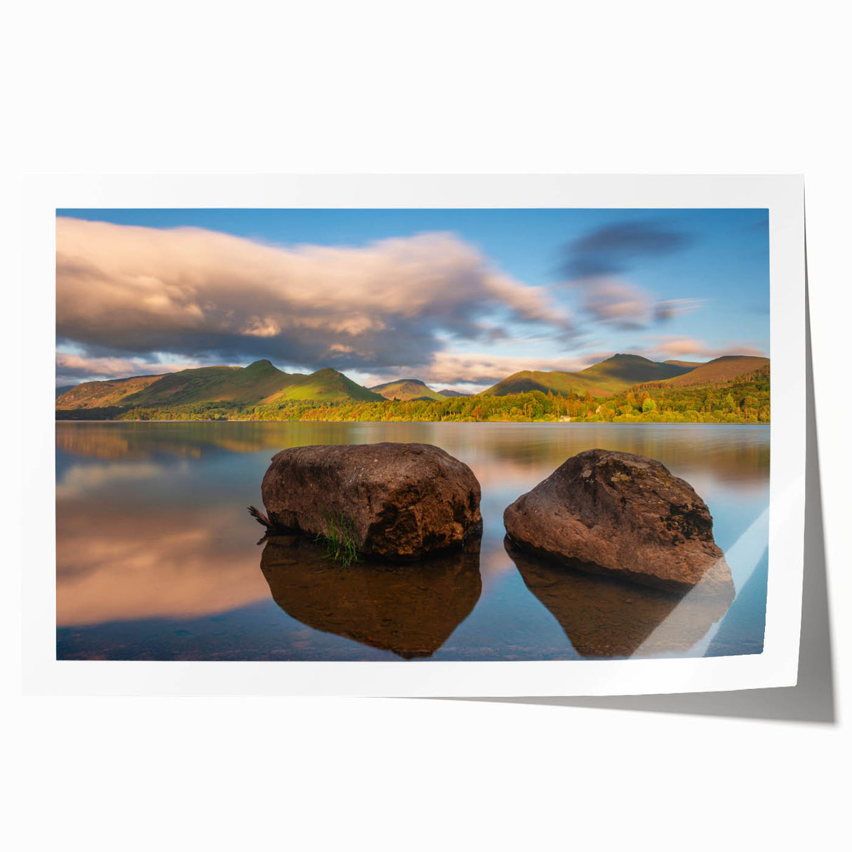Scenic Cumbria landscape on extra large rolled print, featuring muted green and blue tones, ideal for art wall dining room.