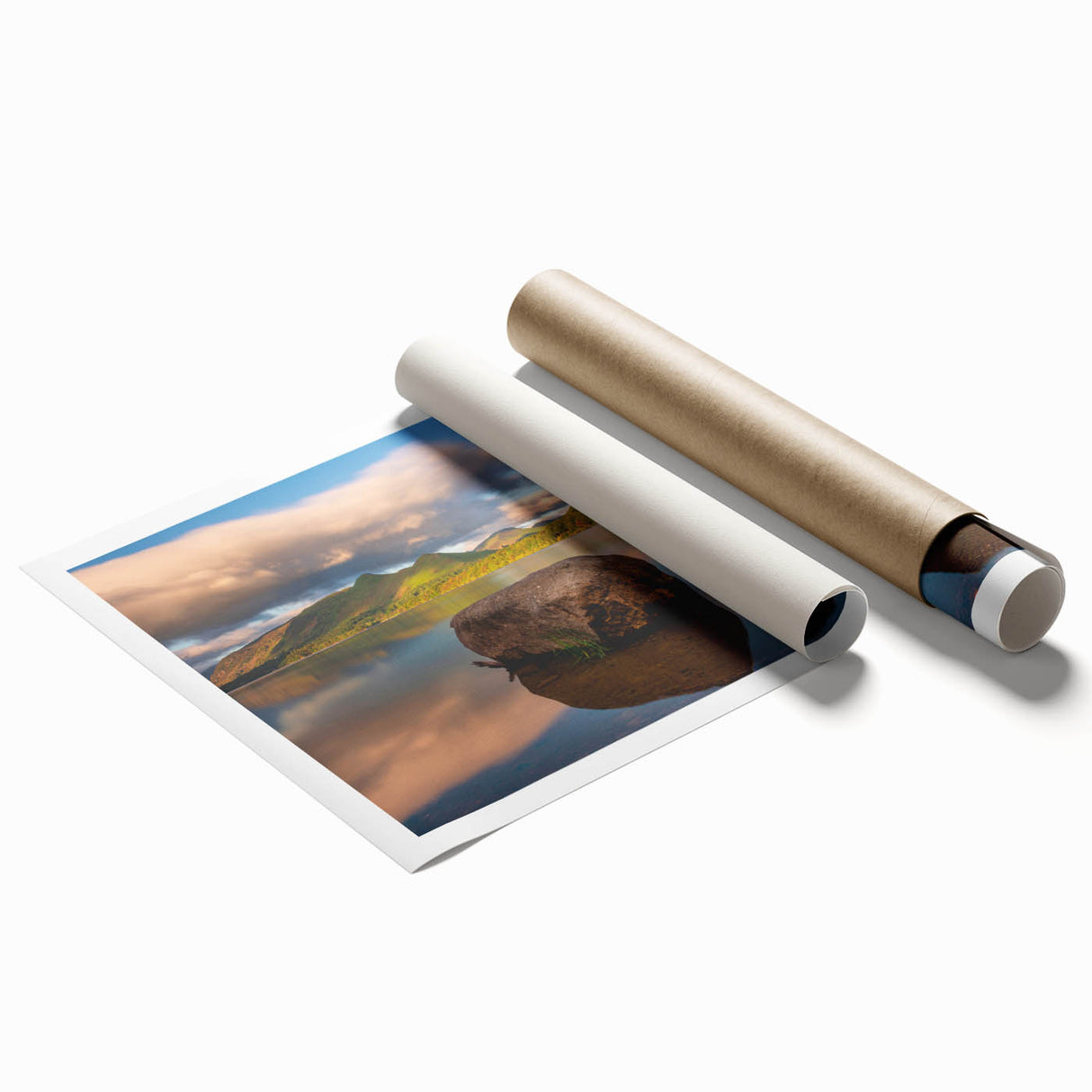 Extra large rolled print of a scenic Cumbria landscape with soft floral elements in muted green and blue tones.