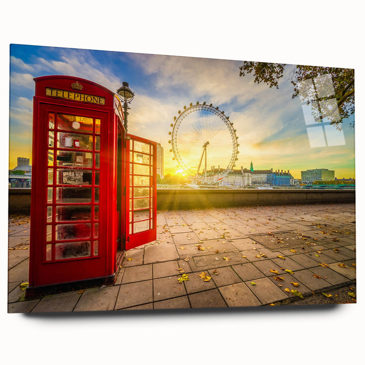 Acrylic print of a large abstract London skyline in muted gray and blue tones, ideal for bedroom or dining room art.