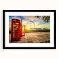Abstract art print of London scenery in vibrant colors on a large black-framed canvas, suitable for living room decor.