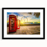 Abstract art print of London scenery in vibrant colors on a large black-framed canvas, suitable for living room decor.
