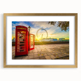 Abstract art print of London scenery in muted gold and blue tones on a framed canvas, suitable for dining room decor.