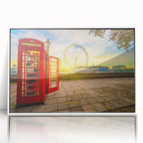 Mid-century modernist art of London scenery with muted colors on a framed acrylic, ideal for nursery wall decor.