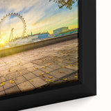Extra large framed canvas of a textured London skyline in black with colorful art highlights, ideal for living room decor.