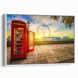 Vintage poster art of London scenery in vibrant colors on a framed canvas, ideal for living room decor.