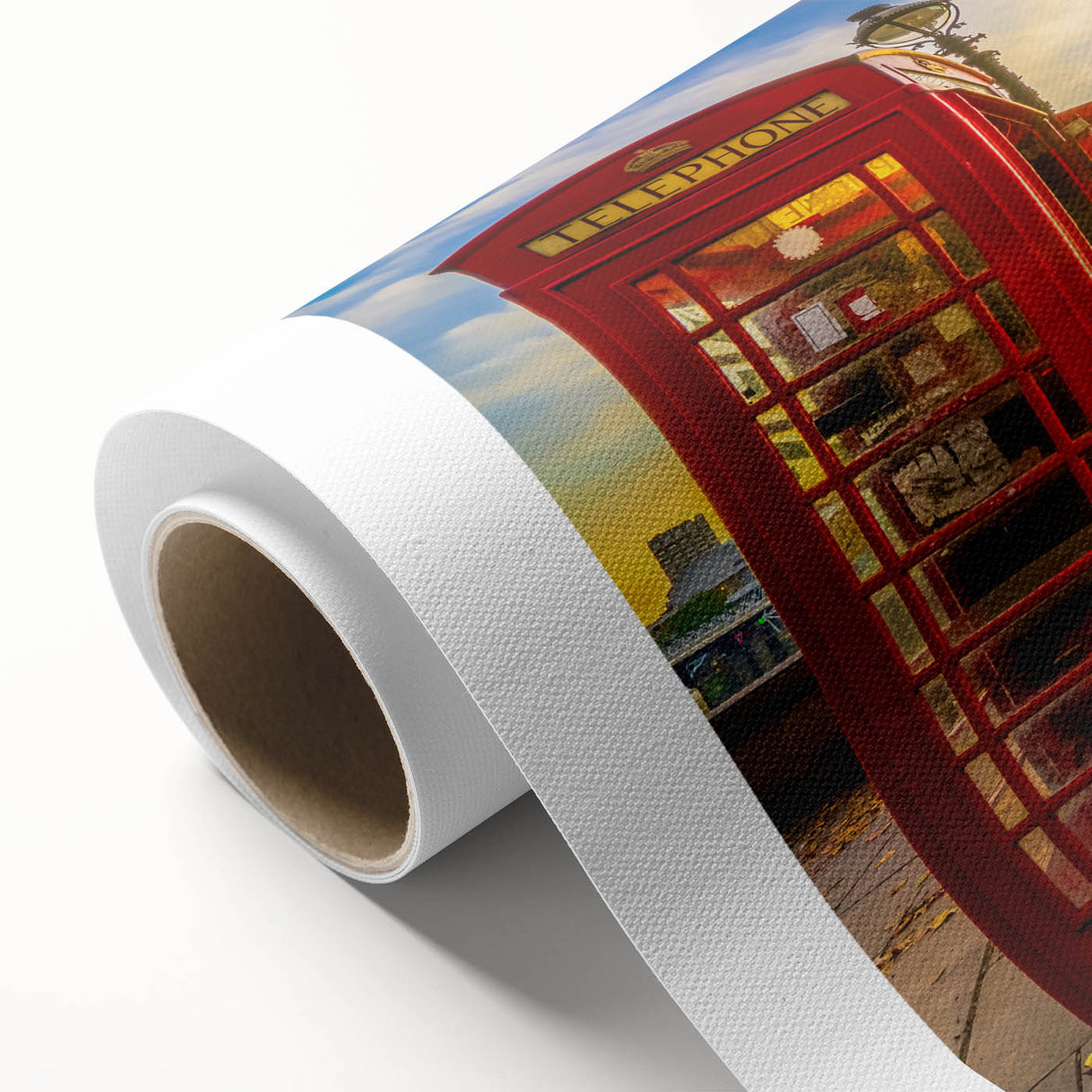 Art deco poster of London scenery in muted colors on rolled canvas, suitable for nursery wall art or dining room.
