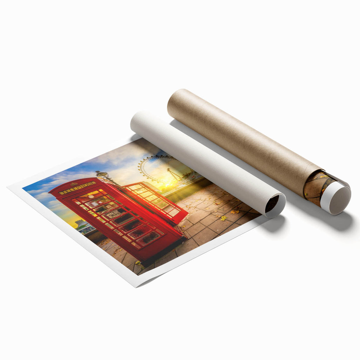 Large rolled canvas print of the London skyline with muted watercolor floral accents.