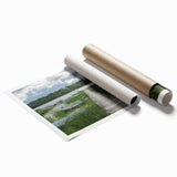 Extra large rolled print of a serene Estonian landscape with muted green and blue tones, ideal for classy bathroom wall art.