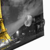 Large abstract depiction of Paris in muted gray and blue tones on acrylic glass, ideal for dining room art.