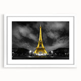 Textured art print of abstract Paris scenery in muted blue and gray tones on a white framed canvas.