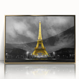 Art Deco poster of Paris scenery in muted gold tones on framed acrylic, ideal for modern nursery wall art.