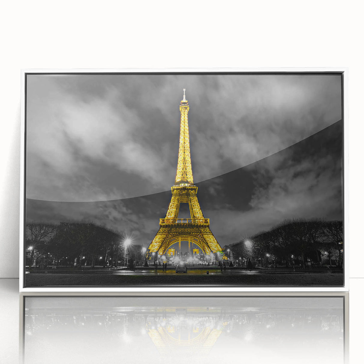 Mid-century modernist art depicting the Eiffel Tower in pastel hues on a white acrylic framed panel.