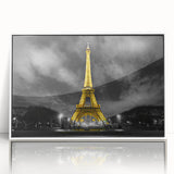 Mid-century modernist art depicting the Eiffel Tower in pastel hues on a white acrylic framed panel.