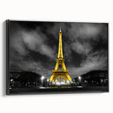 Black and white wall art featuring a vintage poster art style landscape of Paris on framed canvas.
