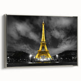 Landscape art painting of Paris with colorful skyline on silver-framed canvas, ideal for living room decor.