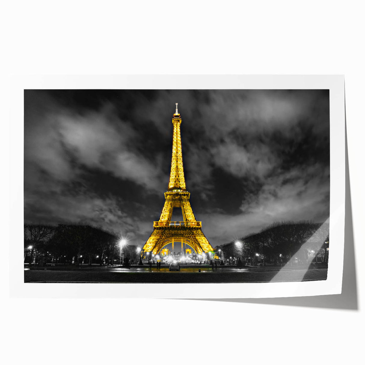Extra large rolled print of Paris scenery with floral elements in muted colors, ideal for art wall dining room or bathroom.
