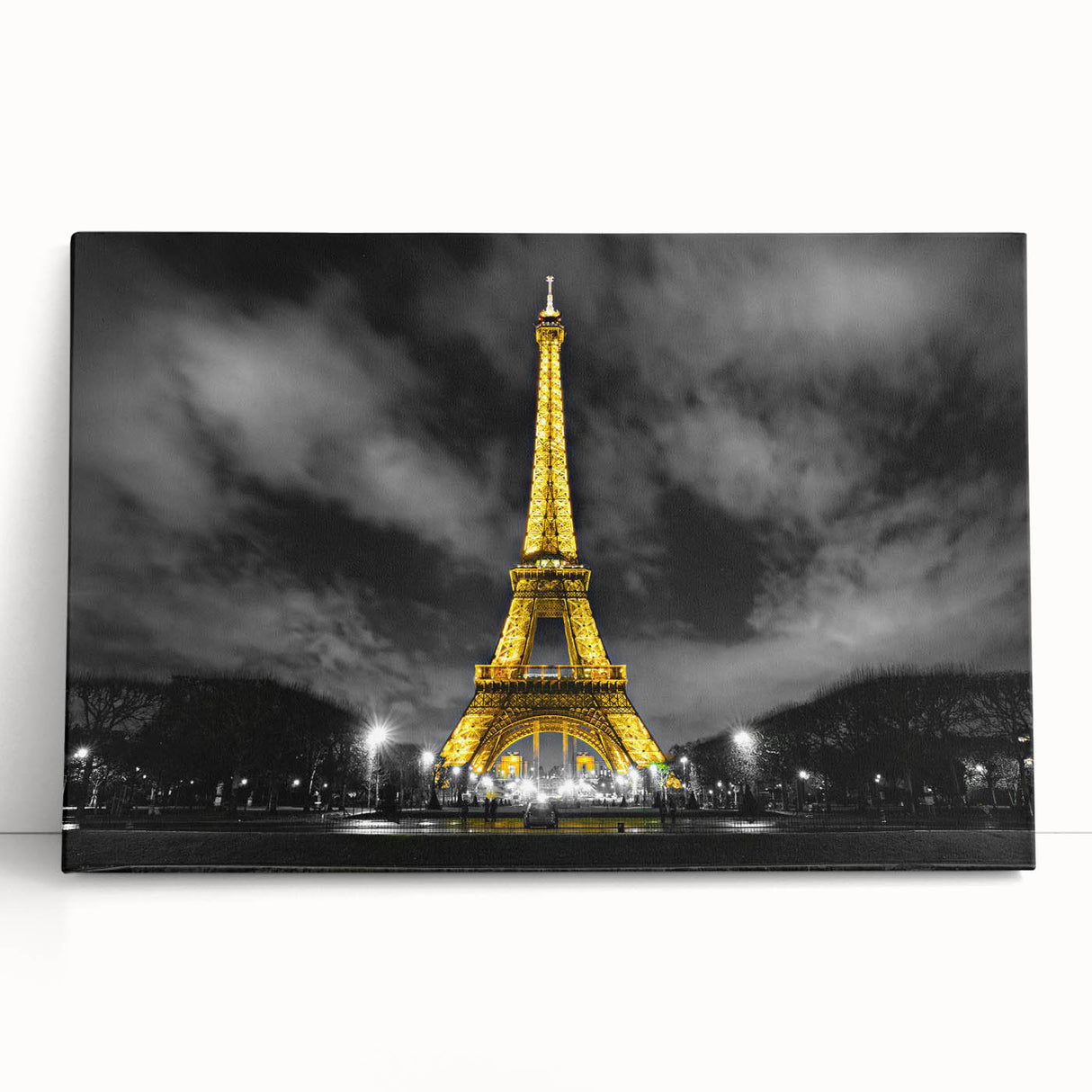 Black and white large art print of the Paris skyline on stretched canvas, ideal for kitchen wall art.