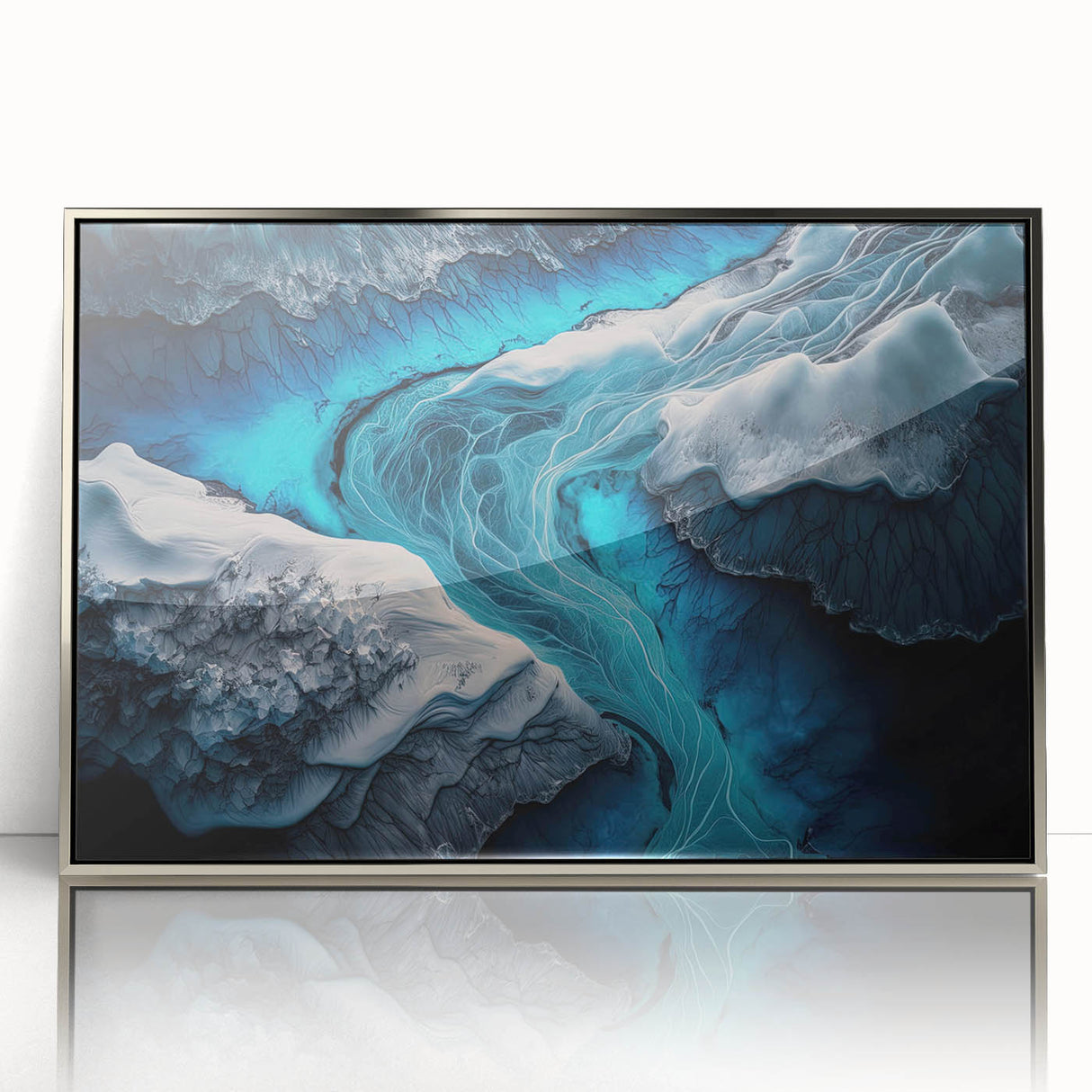 Mid-century modernist Icelandic landscape on large acrylic print, muted earth tones, ideal for modern art wall decor.