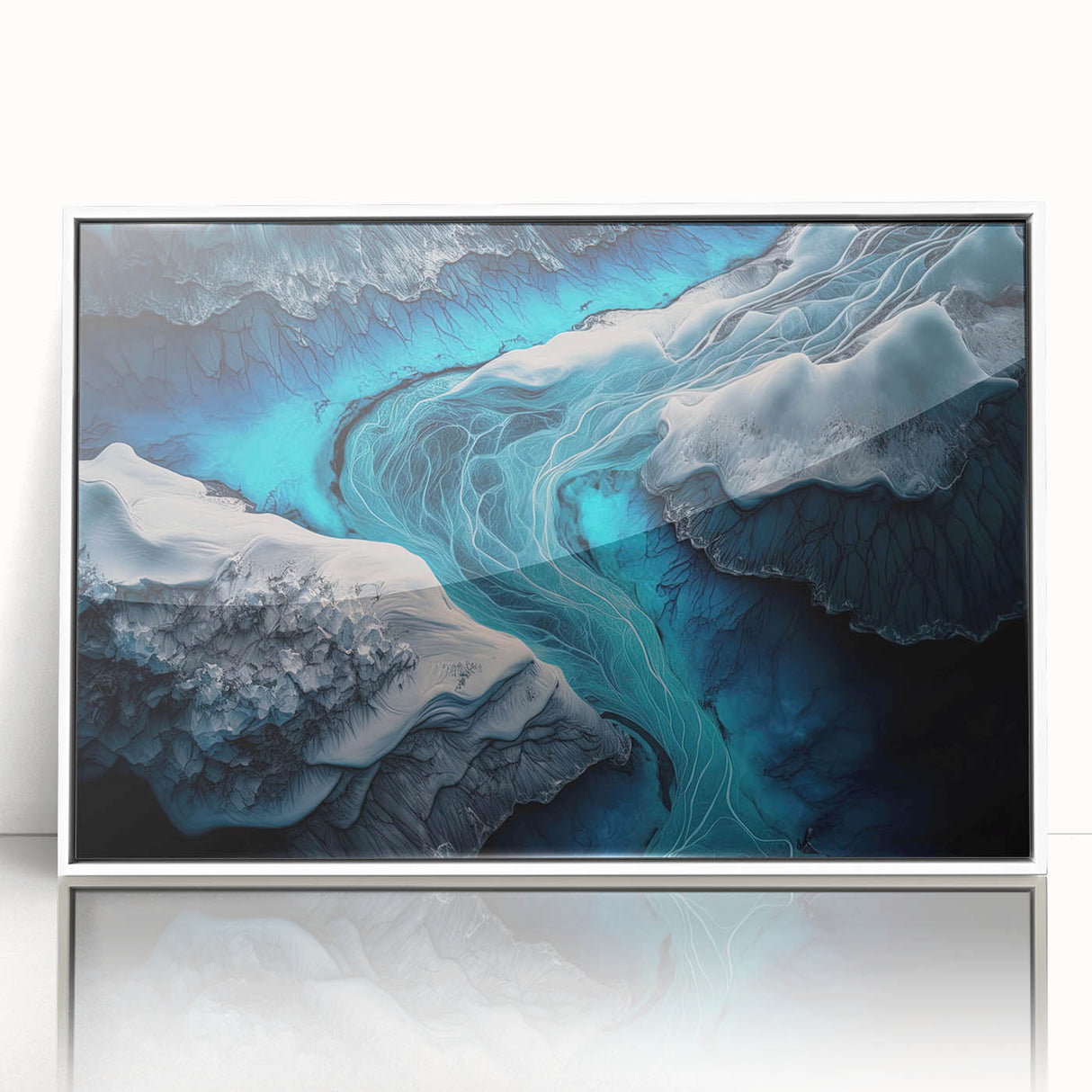 Mid-century modernist art featuring a serene Icelandic landscape on a framed acrylic, using muted earth tones.