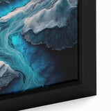 Black wall art depicting a textured Icelandic scenery on a framed canvas, featuring vibrant colors.