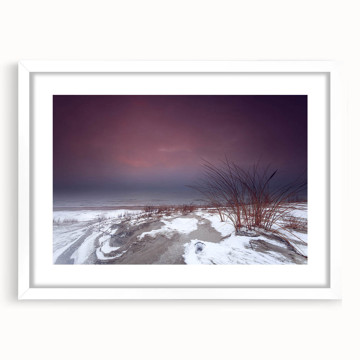 Abstract art print of a European landscape in muted blues and greens on a white framed canvas, ideal for dining room decor.