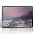 Large abstract wall art depicting a European Lithuanian landscape in muted earth tones, framed in black acrylic.