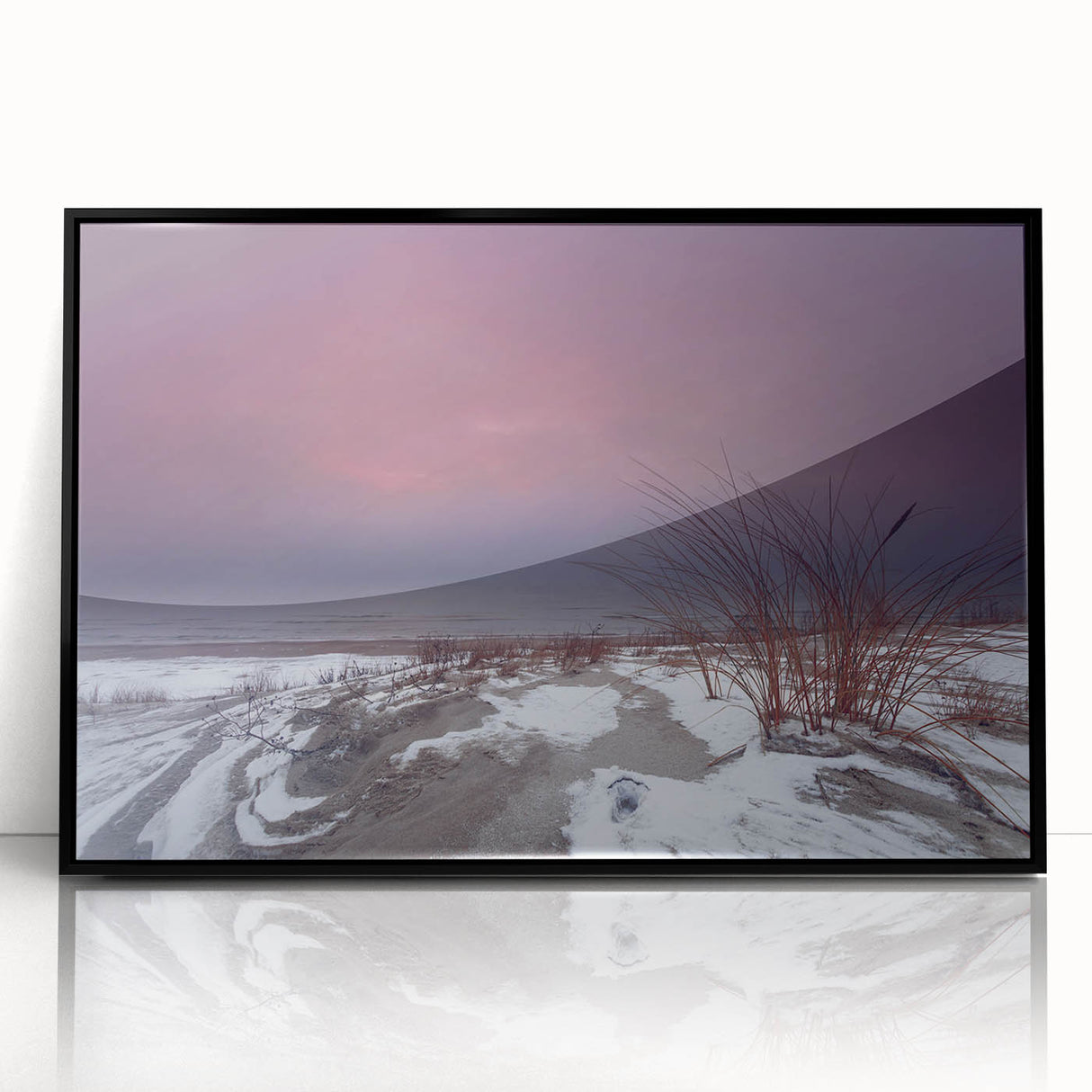 Large abstract wall art depicting a European Lithuanian landscape in muted earth tones, framed in black acrylic.