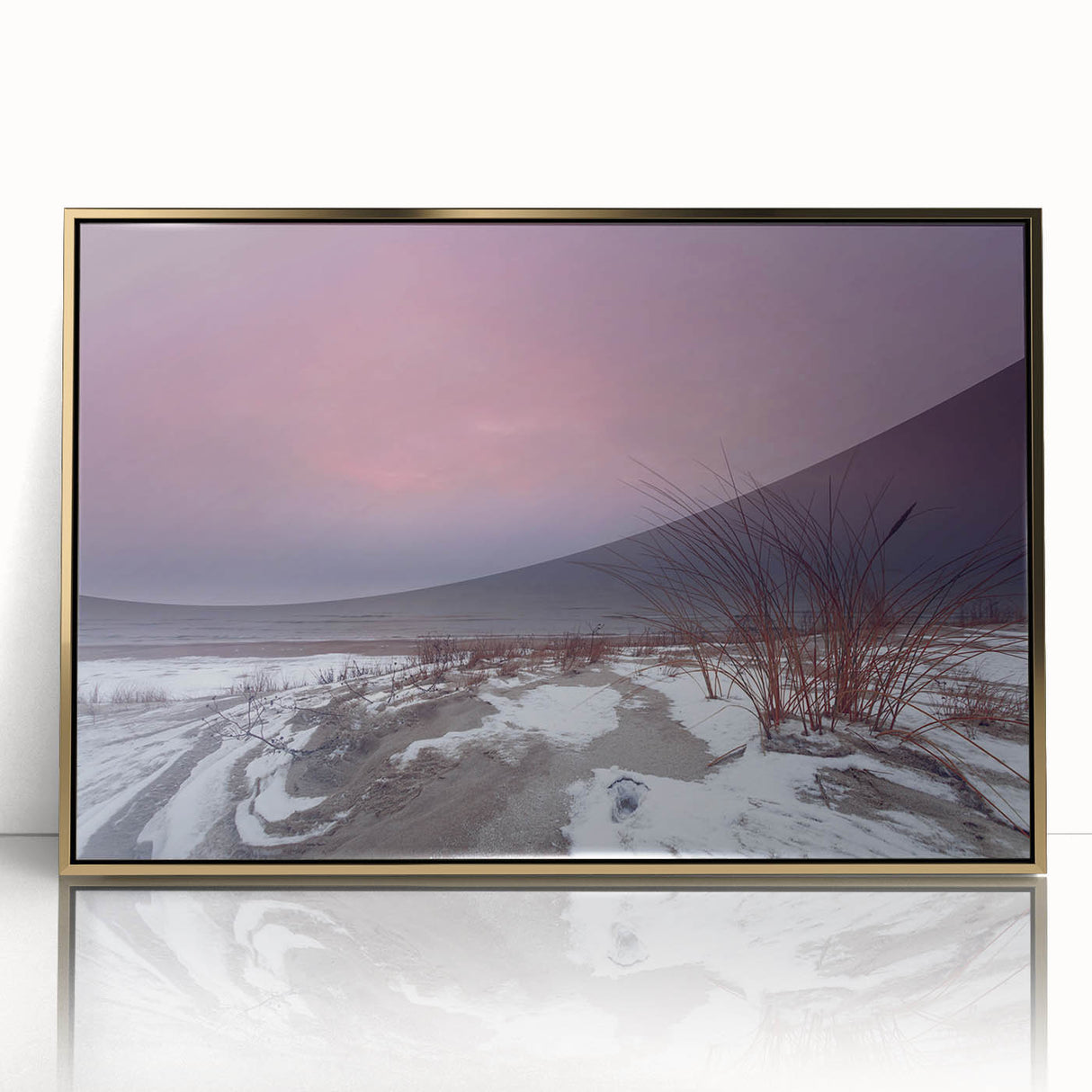 Mid-century modernist acrylic print of a European landscape in gold frame, ideal for modern art wall decor.
