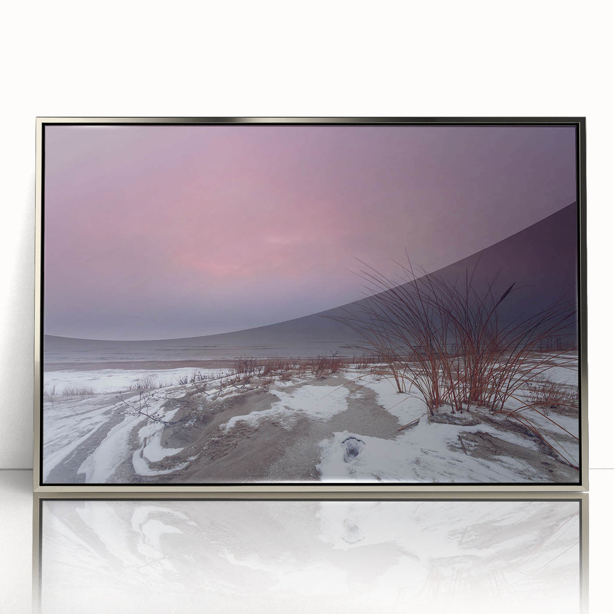 Mid-century modernist art depicting a serene Lithuanian landscape in muted earth tones.