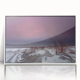 Framed acrylic print of a European Lithuanian landscape in muted green and blue tones, ideal for modern nursery wall art.