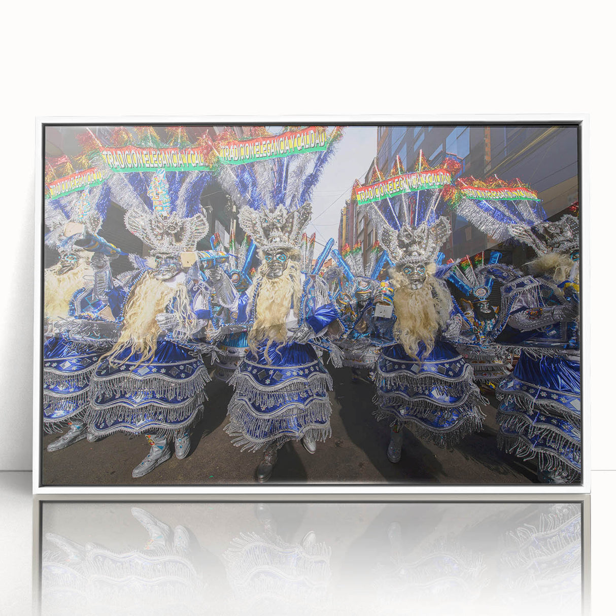Acrylic print of a Bolivian landscape in muted earth tones, framed in white, suitable for modern art wall decor.